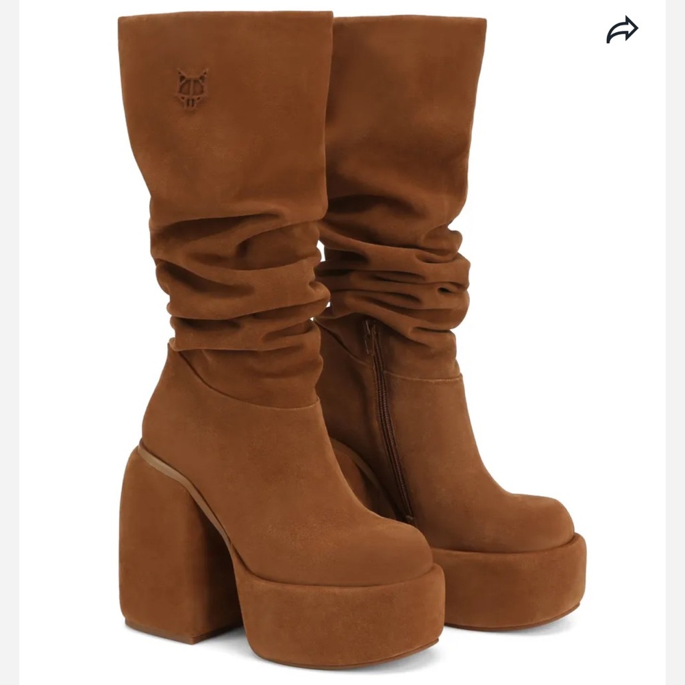 NAKED WOLFE Tan Genuine Suede Leather Platform Knee-High Boots - Picture 5 of 9